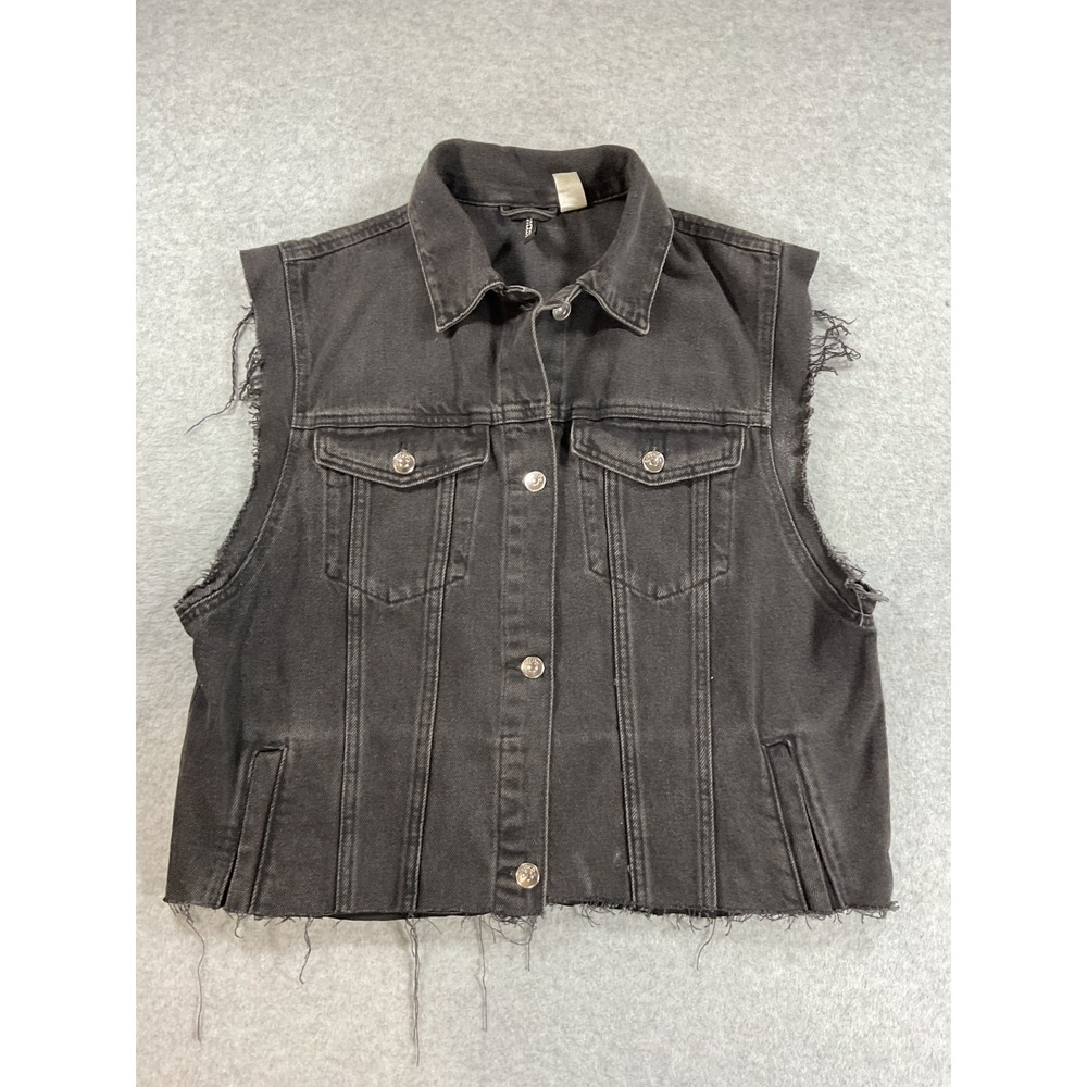 H&M Divided Black Denim Vest Frayed Raw Hem Sleeveless Trucker Jacket Small 2193